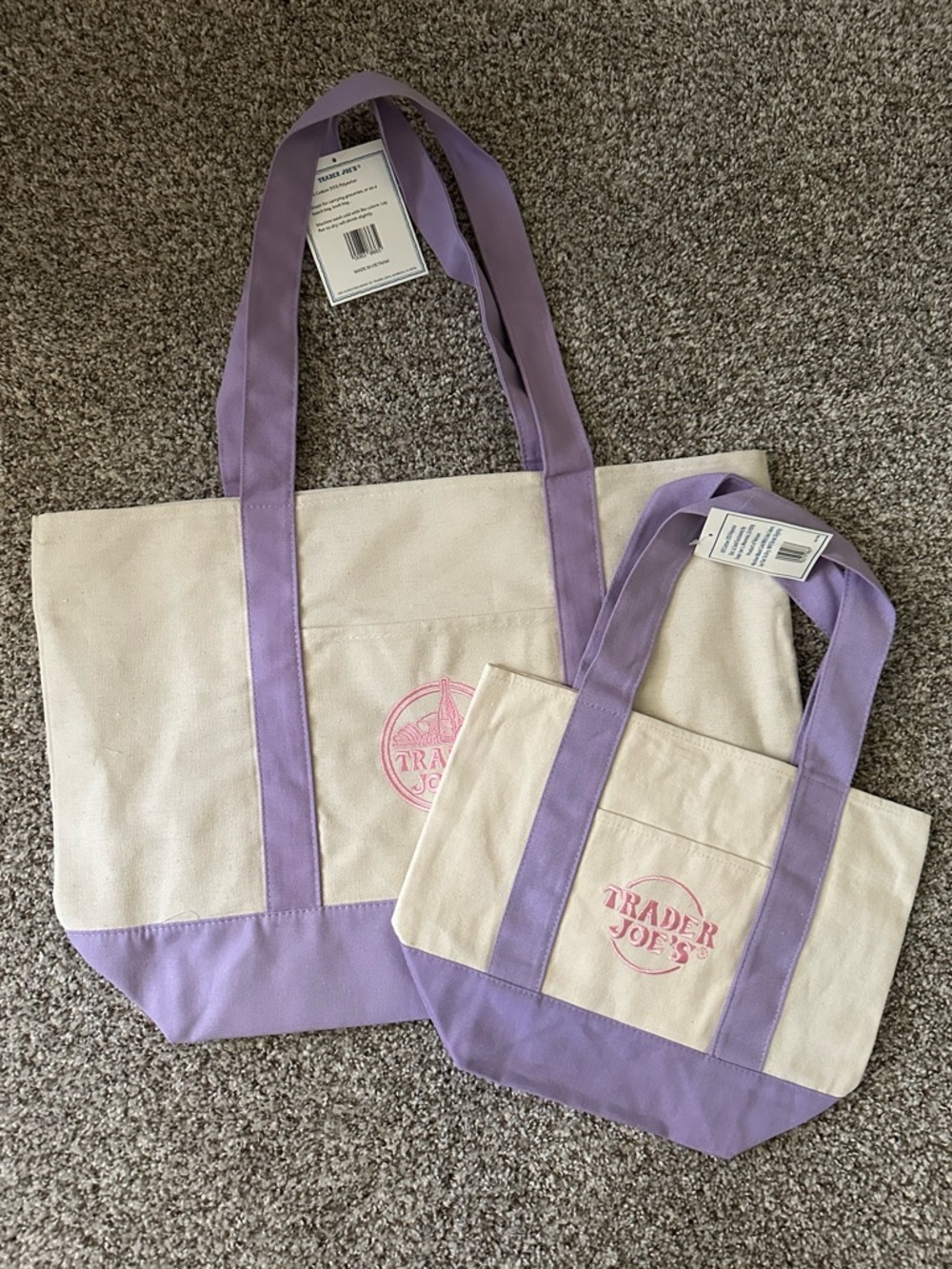 Trader Joe’s Lavender Accent Canvas Tote Bags; Cream&Lavender; 1 small/1big; NWT - Picture 4 of 4